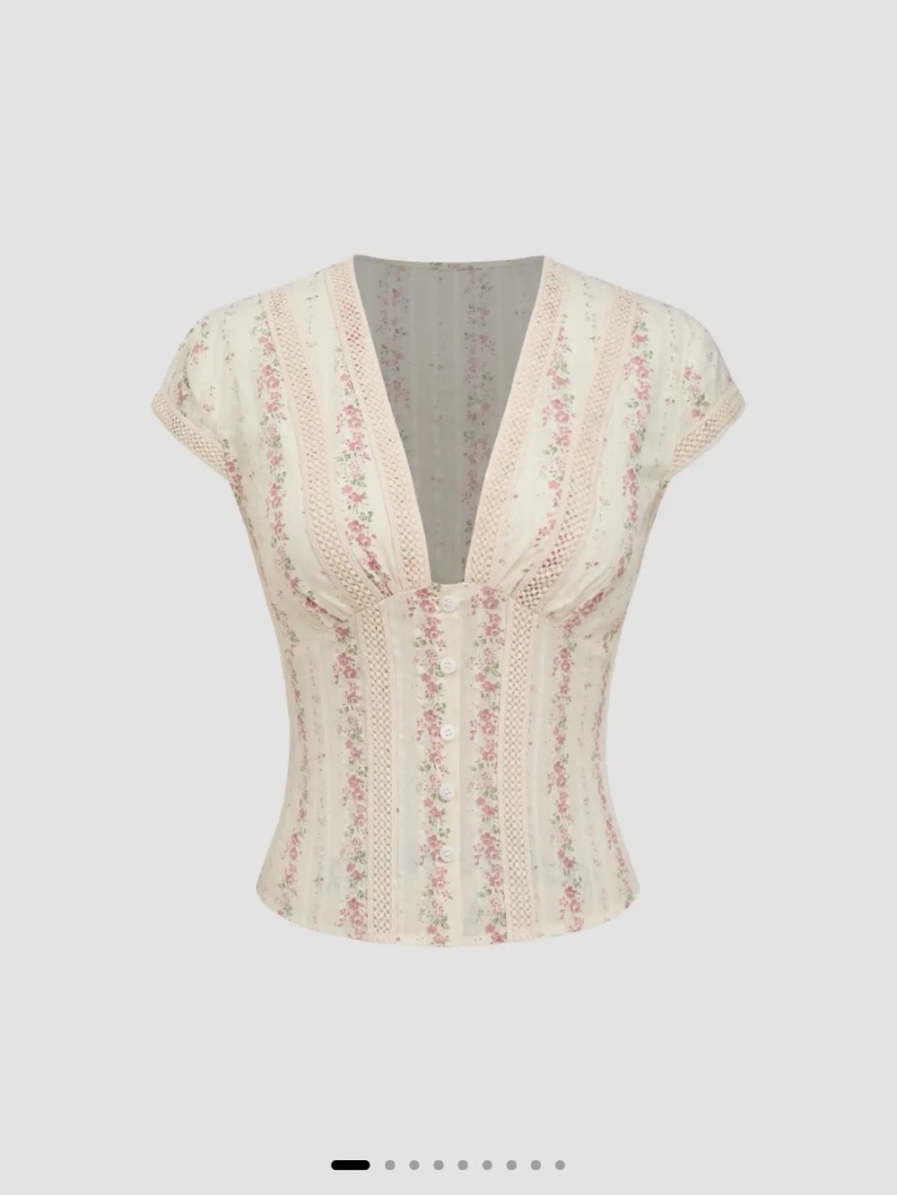 Floral Lace-Trim Button Front Blouse in Cream and Pink